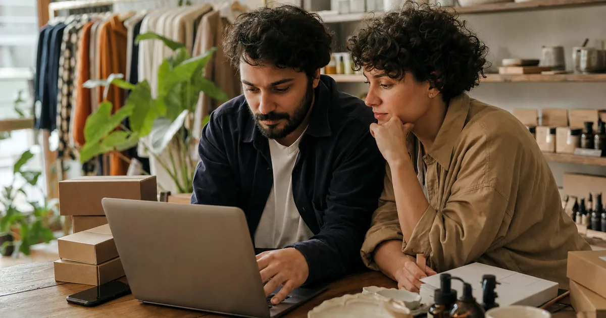 Küçük bir butikte laptop başında birlikte çalışan yazılımcı ve mağaza sahibi