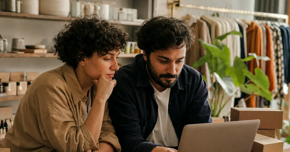 Küçük bir butikte laptop başında birlikte çalışan iki kişi