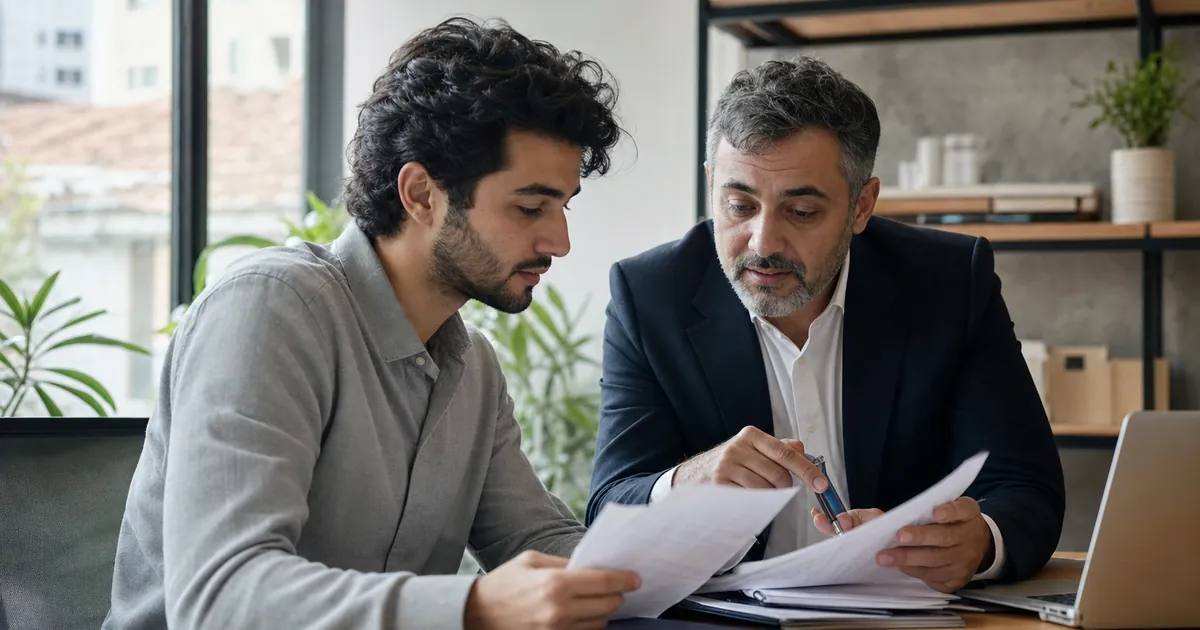 Ofis masasında şirket kuruluş belgelerini inceleyen ve mali müşavirle görüşen bir girişimci