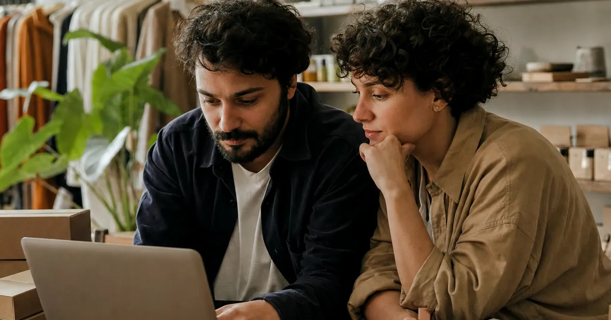 Küçük bir butikte laptop başında birlikte çalışan iki kişi