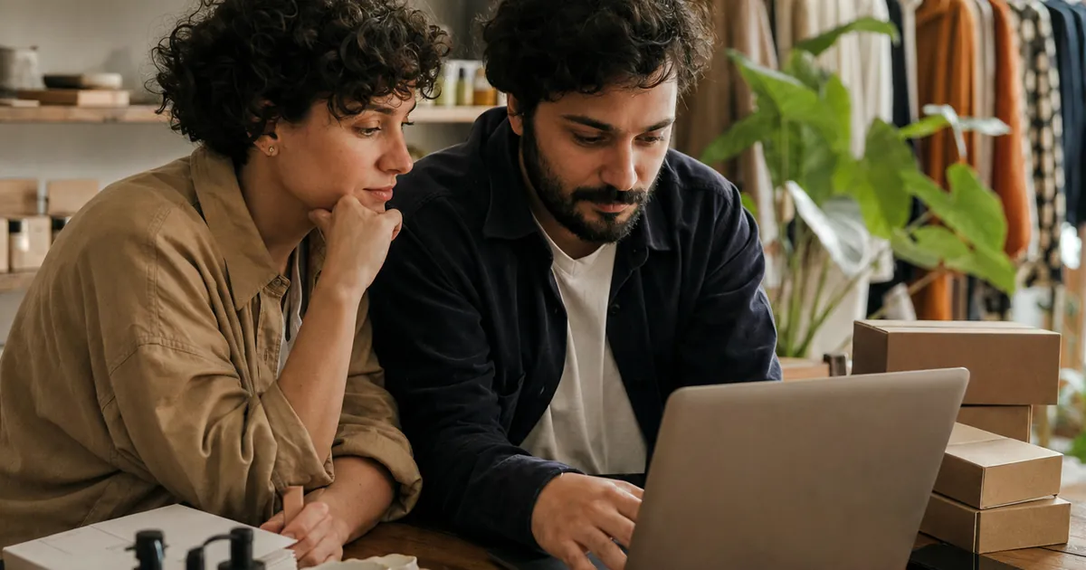 Küçük bir butikte laptop başında birlikte çalışan iki kişi