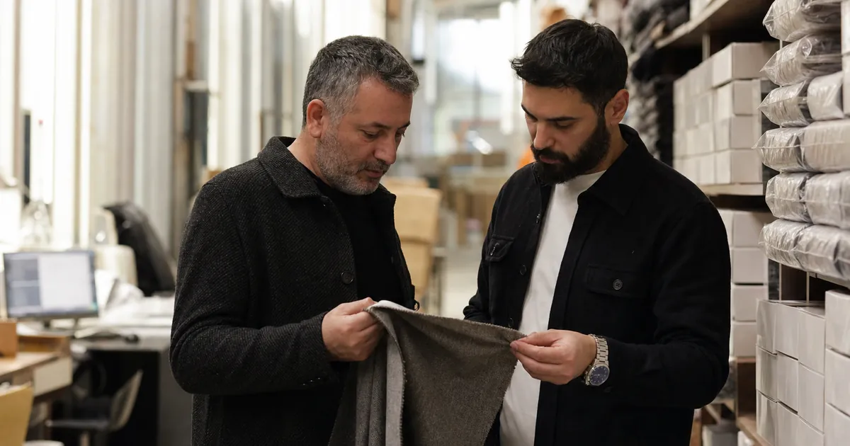 Toptan depoda üretici temsilcisiyle ürün numunesini inceleyen bir işletme sahibi