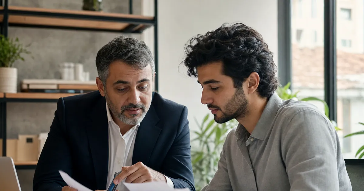 Ofis masasında belgeleri inceleyen ve danışmanla görüşen bir girişimci