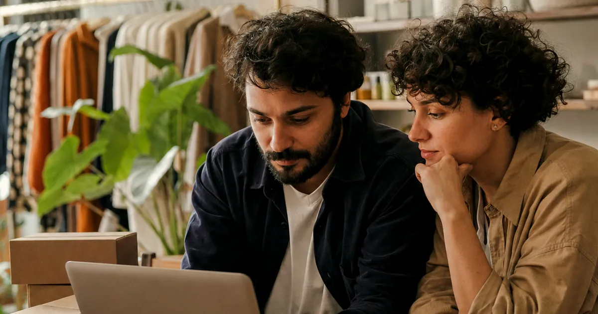 Küçük bir butikte laptop başında birlikte çalışan iki kişi