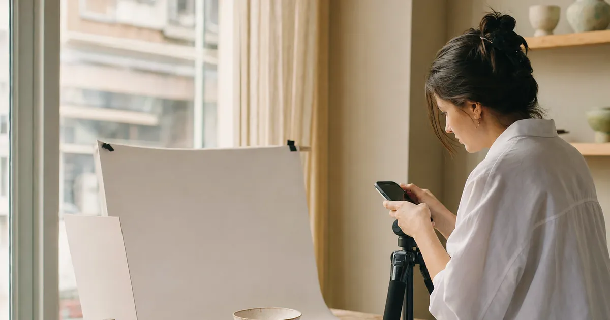 Pencere kenarında beyaz fon ve tripodla ürün fotoğrafı çeken genç bir kadın