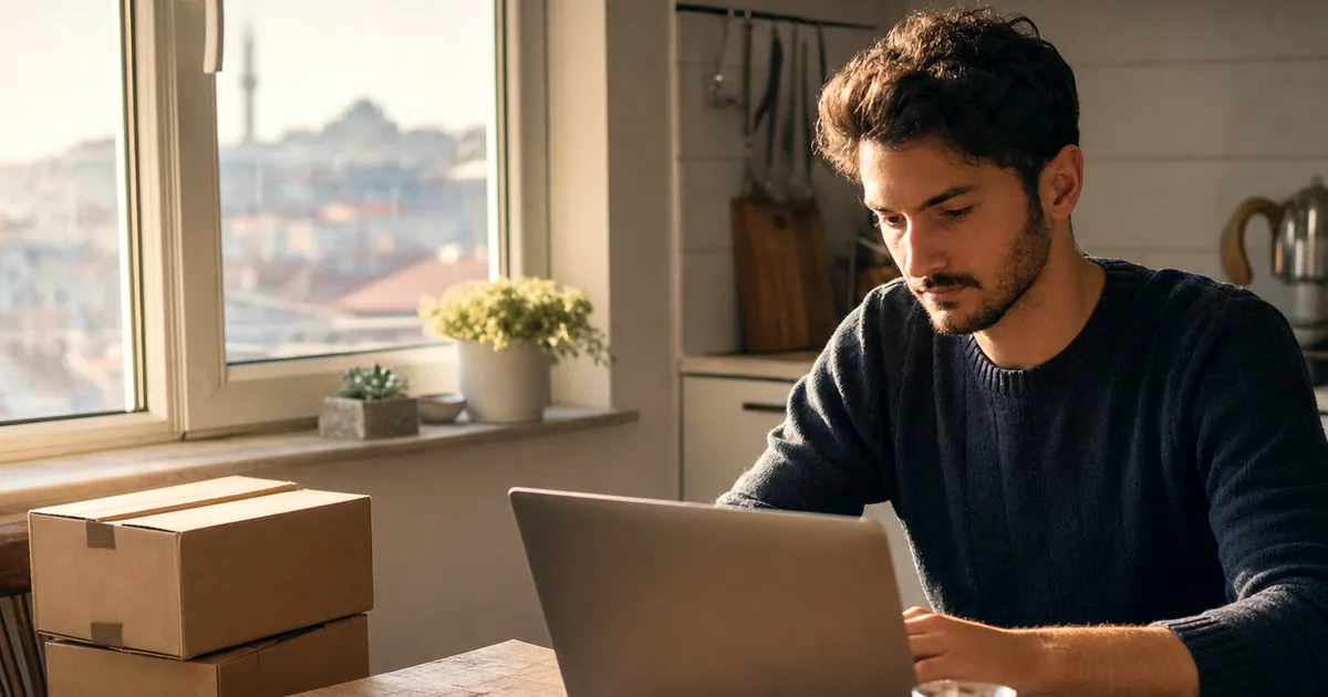 Mutfak masasında laptop ve kargo kutularıyla çalışan genç bir adam
