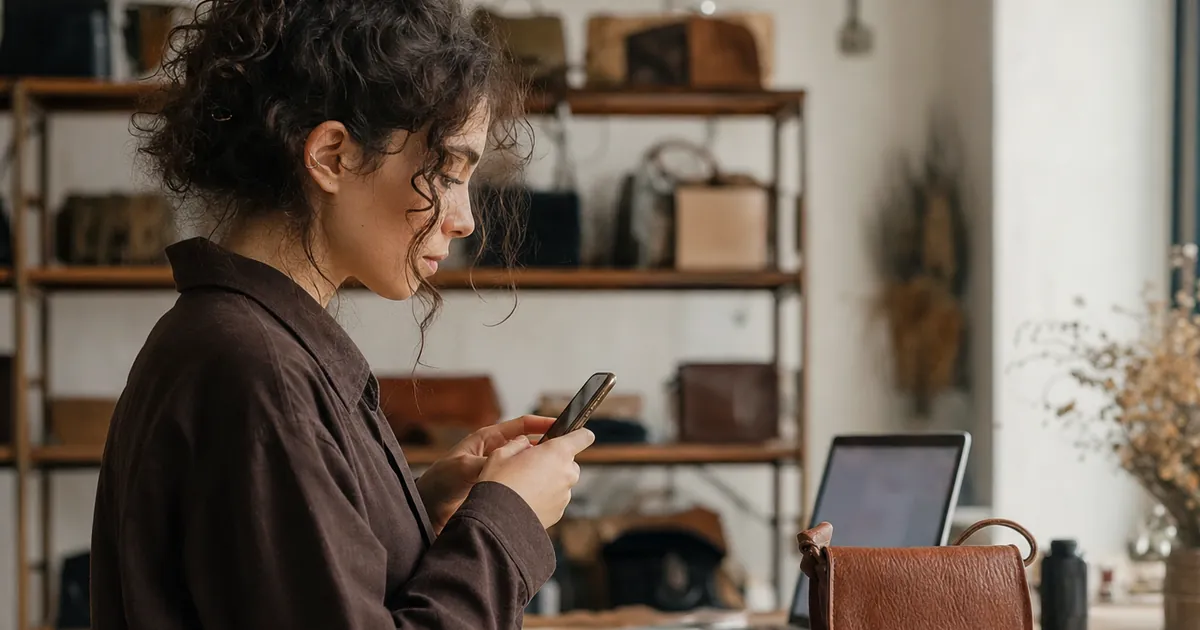 Atölyede ürünü telefonuyla fotoğraflayan bir kadın; masada laptop ve ürünler