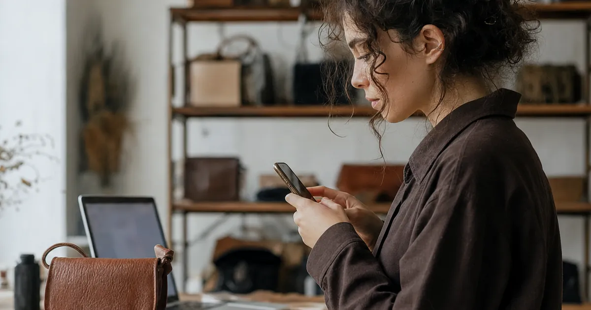 Atölyede ürünü telefonuyla fotoğraflayan bir kadın; masada laptop ve ürünler