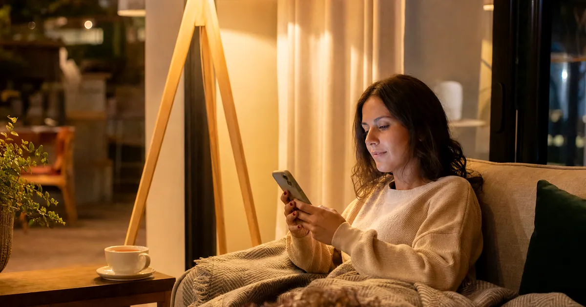 Akşam koltukta telefonuna bakan bir kadın