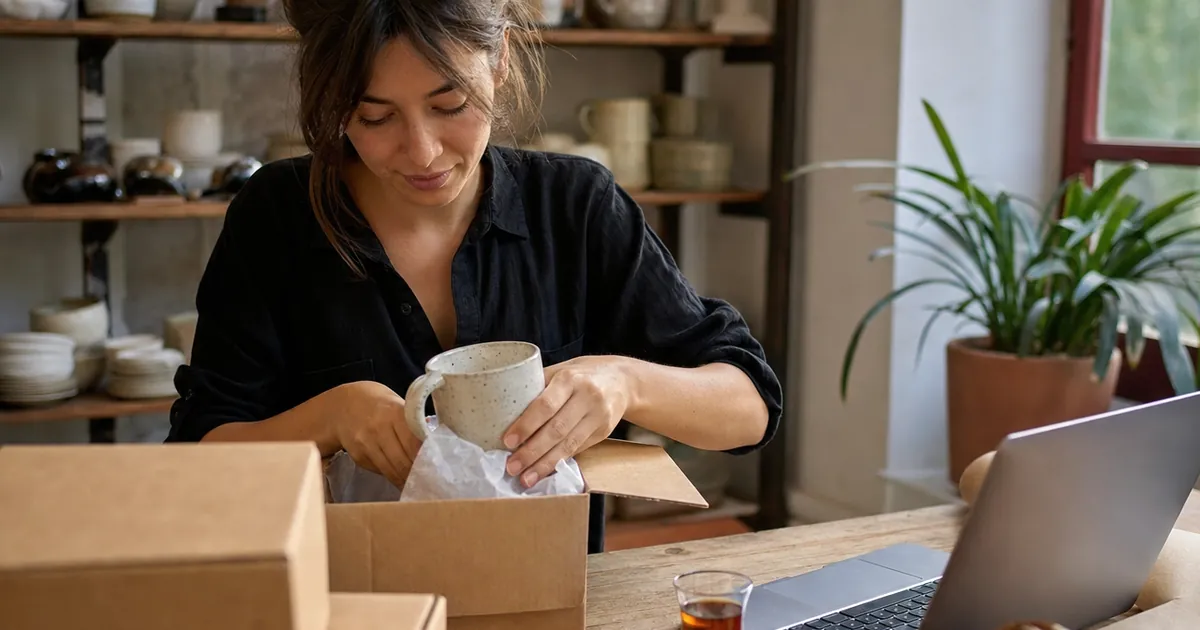 Atölyede el yapımı seramik kupayı kraft kutuya paketleyen bir kadın; masada laptop ve çay bardağı