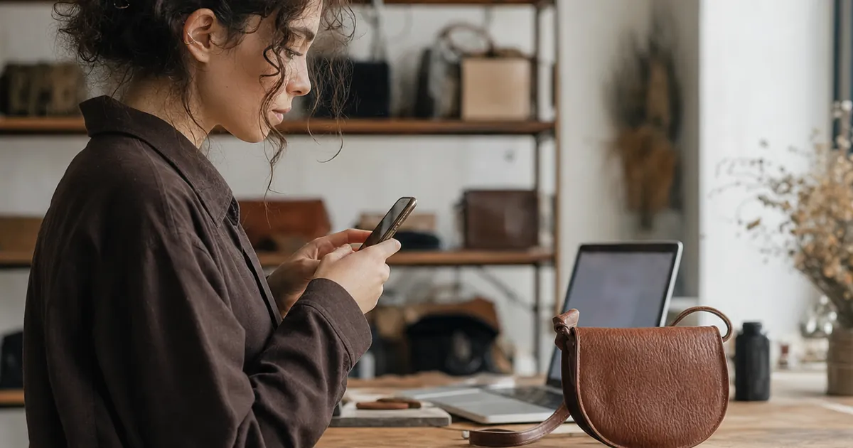 Atölyede ürünü telefonuyla fotoğraflayan bir kadın; masada laptop ve ürünler