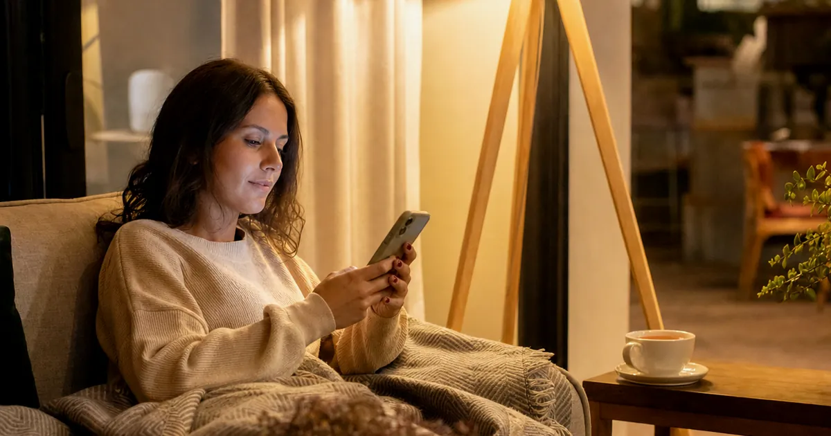 Akşam koltukta telefonuna bakan bir kadın