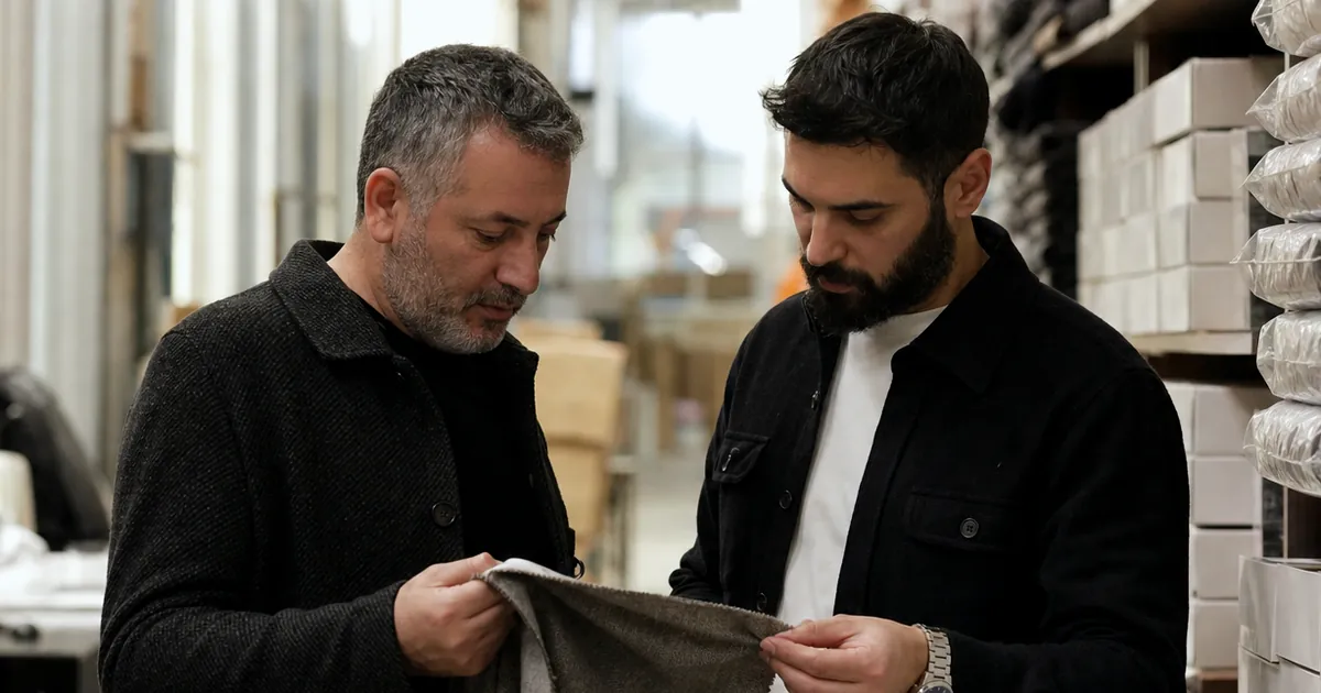 Depoda ürün numunesini birlikte inceleyen iki kişi