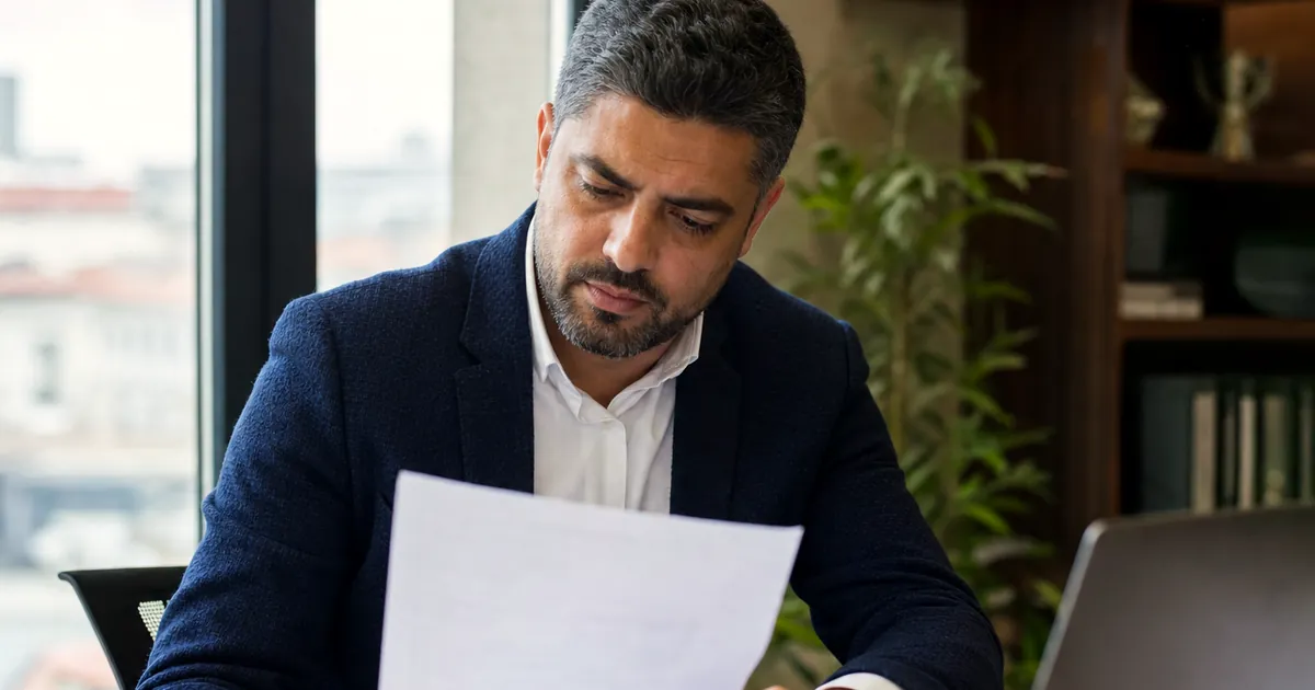 Ofis masasında belgeleri inceleyen, yanında laptop ve kahve olan bir işletme sahibi