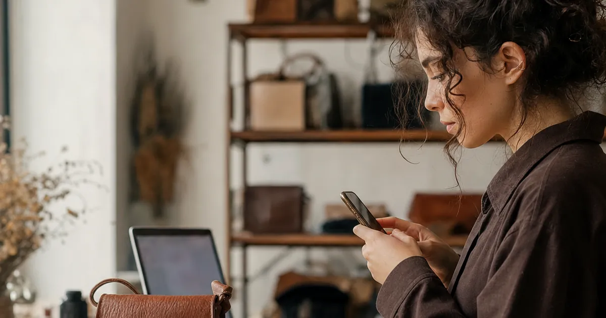 Atölyede ürünü telefonuyla fotoğraflayan bir kadın; masada laptop ve ürünler