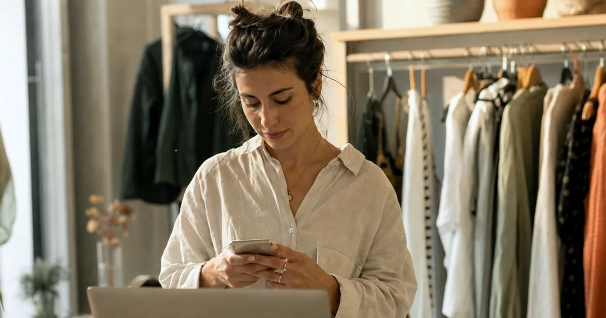Küçük bir mağazada telefonundan müşteri mesajlarına bakan bir işletme sahibi
