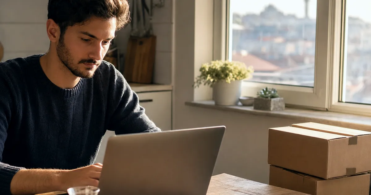 Mutfak masasında laptop ve kargo kutularıyla çalışan genç bir adam