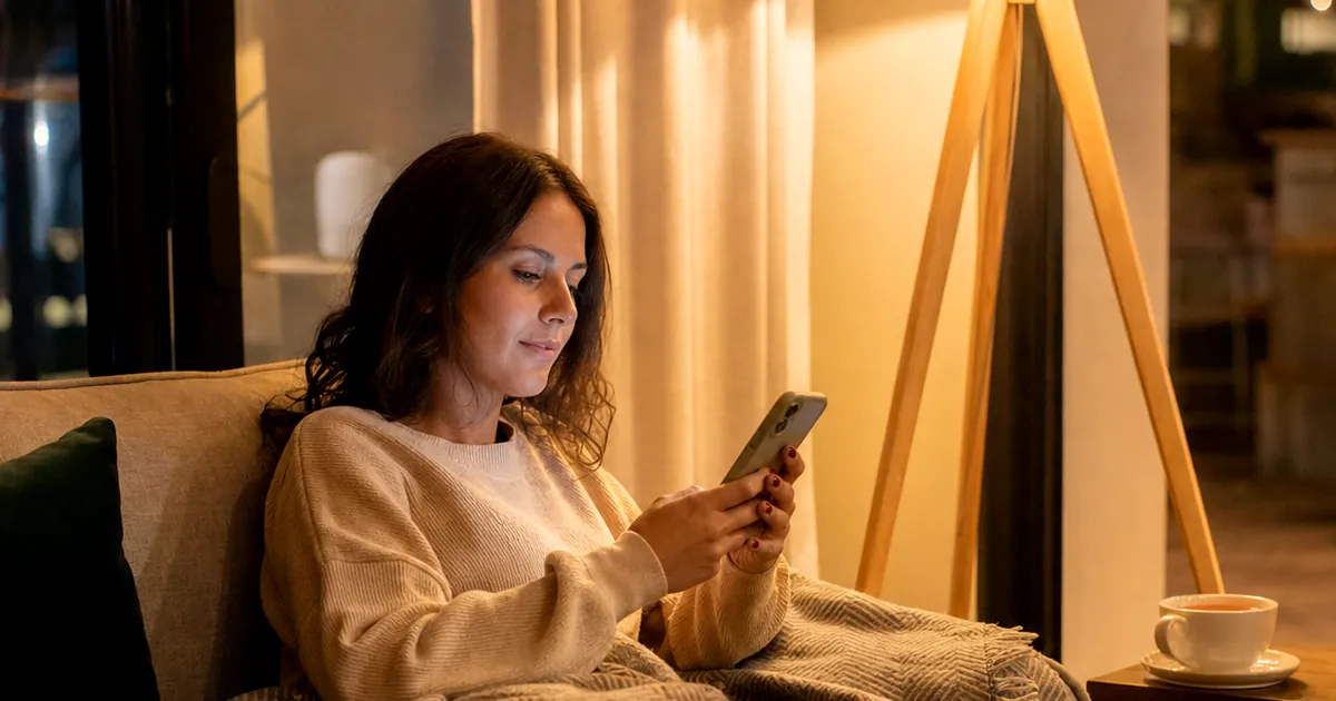 Akşam koltukta telefonuna bakan bir kadın