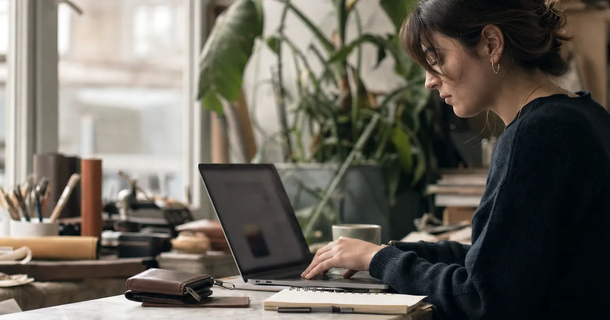 Masada ürünü yanına koyup laptopta çalışan bir kadın