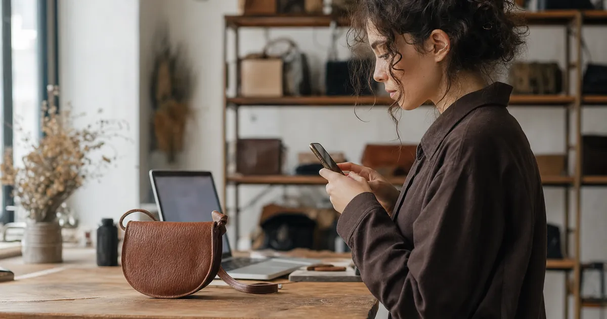 Atölyede el yapımı ürünü telefonuyla fotoğraflayan bir kadın; masada laptop ve ürünler