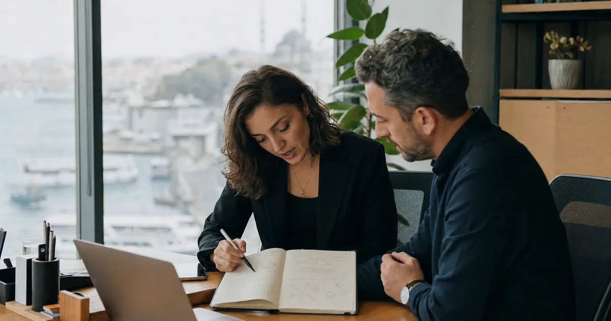 Aydınlık bir ofiste, laptop ve not defteriyle e-ticaret stratejisini tartışan iki yönetici